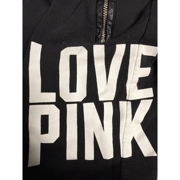 PINK Victoria's Secret Black Joggers Faux Leather Trim Love Pink Graphic Small - Picture 3 of 6